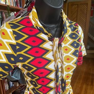 Gold, Navy, White & Red Retro-Style Diamond Pattern Dress (Size Medium)